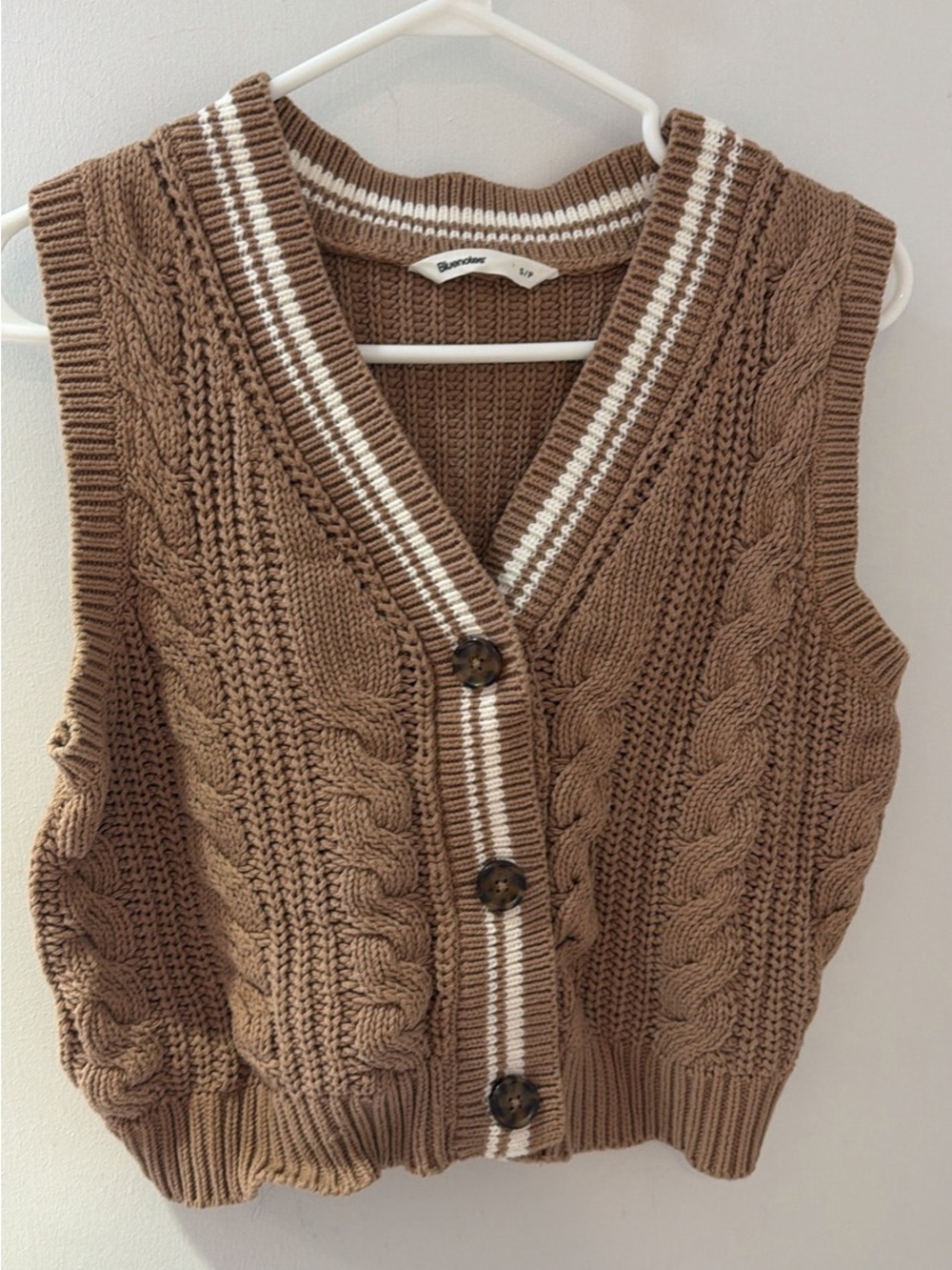 Bluenotes Brown Cable Knit V-Neck Sweater Vest with White Stripe